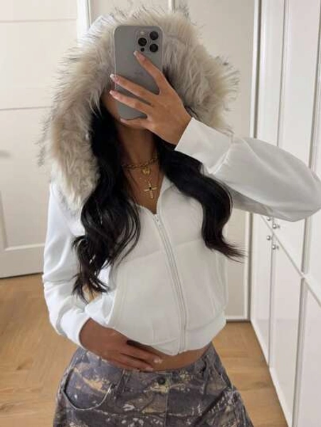 SHEIN EZwear Women's Casual Zip-Up Fluffy Hooded Sweatshirt, White Hoodie For Autumn
