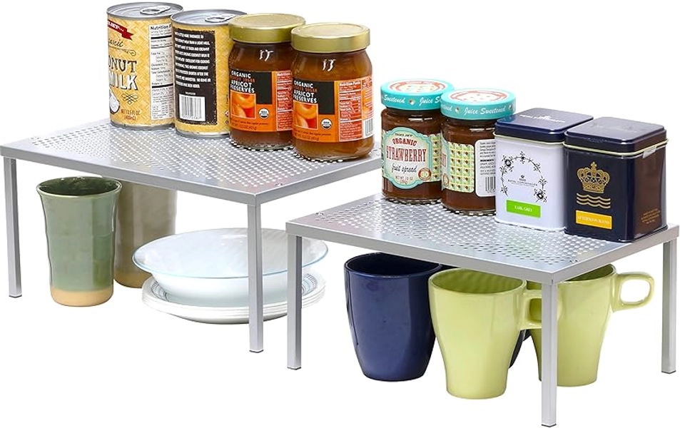 Simple Houseware Expandable Stackable Kitchen Cabinet and Counter Shelf Organizer, Metal Top, Silver