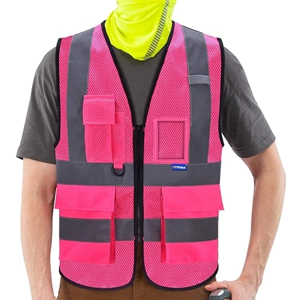 A-SAFETY High Visibility Mesh Safety Reflective Vest with Pockets and Zipper,Hi Viz Work Vest for Men Women (Pink Mesh S) - Pink Mesh - Small