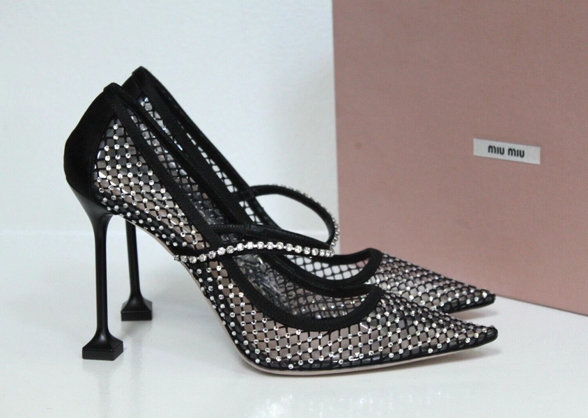 New sz 9 / 39.5 Miu Miu Black Crystal Embellished Fishnet Pointed Toe Pump Shoes