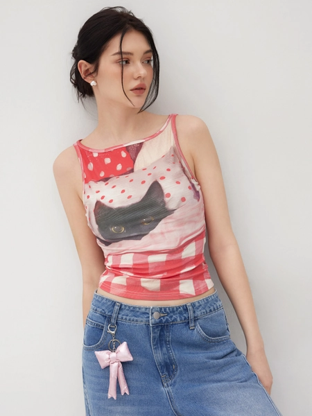 Cotton-blend Cat Graphic Gingham Ruched Tank Top