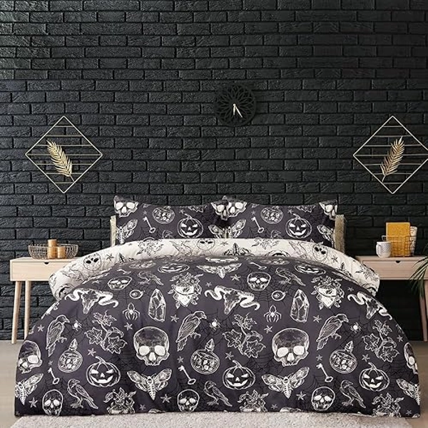 Sleepdown Mystical Gothic Halloween Duvet Cover Set, 100% Polyester Reversible Double Size Duvet Cover with Pillowcase Easy Care Stylish Bedding Set - Charcoal - Double - (200x200cm)