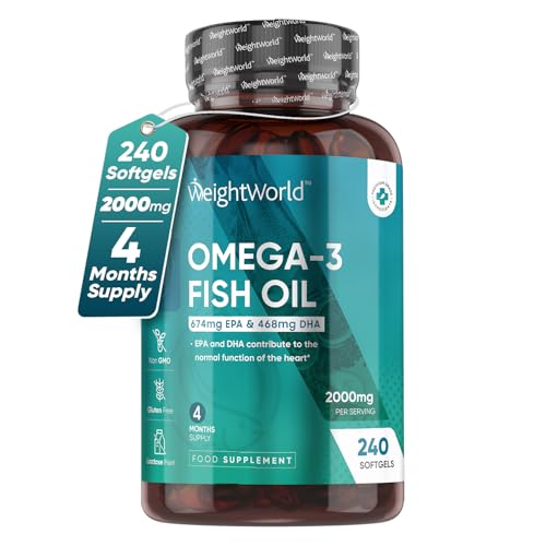 Omega 3 Fish Oil 2000mg - 240 Capsules (4 Months Supply) - 674mg EPA & 468mg DHA - Cod Liver Oil Capsules Alternative - High Strength Omega 3 Fatty Acids Supplements for Eyes, Brain & Heart (EFSA) - Omega-3 Fish Oil