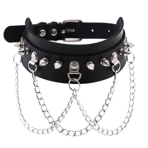 Colier choker, negru, cu lanturi si tinte argintii, Julet C4 - Pursehuit.ro