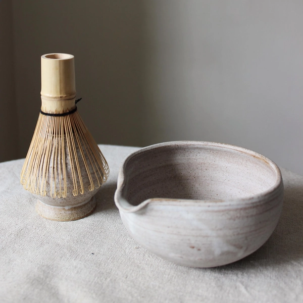 MADE TO ORDER 1 cup handmade ceramic matcha bowl / 2 cup mixing bowl / Pottery matcha set / Beige natural bowl / Chawan with whisk holder