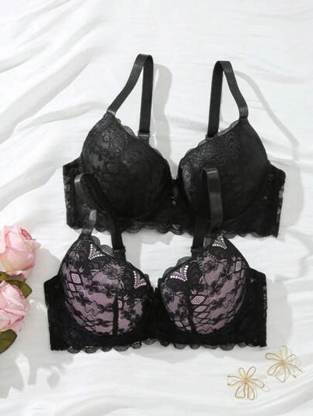 2pcs/Set Lace Solid Minimalist Underwire Plus Size Bra For Women Lingerie