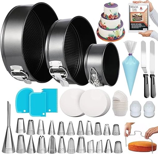 RFAQK 150PCs Cake Pan Set for Baking + Cake Decorating Supplies: 3 Round Non Stick Springform Pan Set (4, 7, 9 inches),24 Icing Tips,Cake Leveler–Multi-functional Leak-Proof Cake Pans & eBook