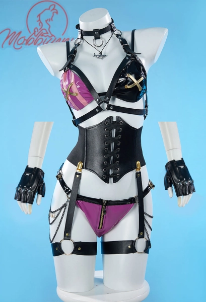Game Derivative Sexy Lingerie Set Bra Panty with Waistband Gloves
