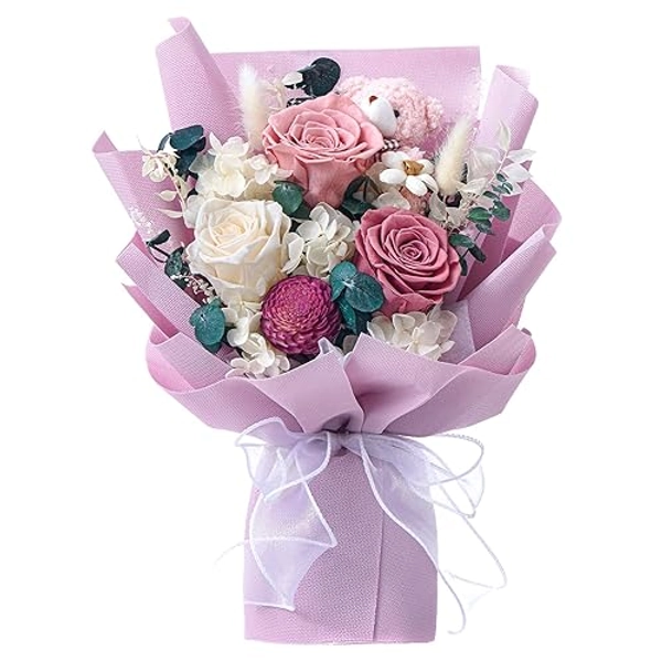 Preserved Flower Bouquet 3-Piece Real Eternal Roses with Bear Gift Box for Wife Mother Valentines Day Mothers Day Anniversary Birthday (Purple)
