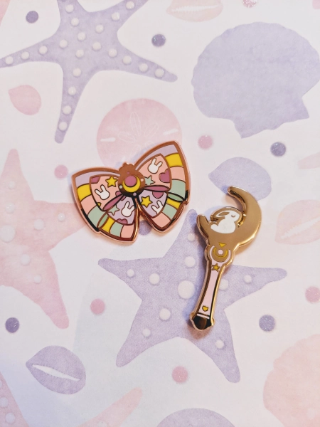 Moon Combo Pin Set, Moon Stick Bunny, Double Bow, Hard Enamel Pin (set of 2)