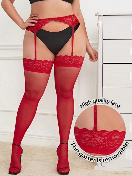 Plus Contrast Lace Cut Out Crotchless Tights Without Panty
