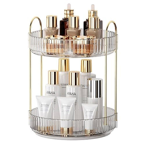 YCIA&DONE 360 Rotating Makeup Organizer and Storage for Vanity Bathroom Countertop, High Capacity Cosmetic Skincare Perfume Organizer for Dresser Lazy Susan Organizers(Clear White,2 Tiers)