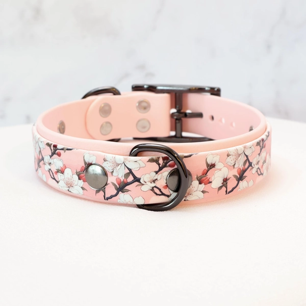 Pale Pink Floral Print Gunmetal Layered BioThane Collar