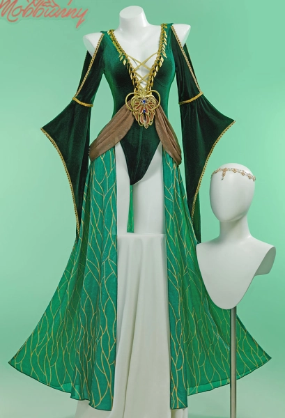 Triss Derivative Sexy Lingerie Bodysuit Green Medieval Style Deep V Bodysuit with Headpiece