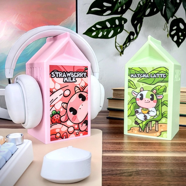 Milk Carton Headphone Stand , Kawaii Pink Desk Accessories , Strawberry Milk Headset Stand, Kawaii Room Decor, PC Desk Setup