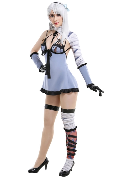 Nier Replicant No.1 Kaine Bow-Strapped Lingerie Sleepwear Suspender Light Blue Dress Full Set Cosplay Costume with Leggings
