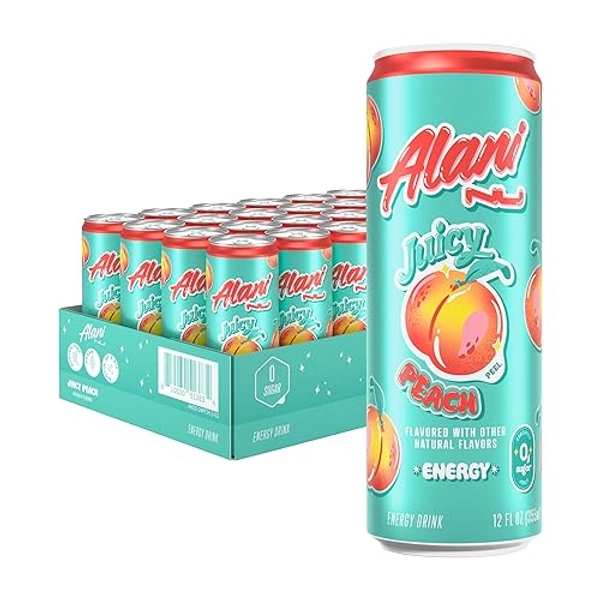 Alani Nu Juicy Peach Sugar Free, Low Calorie Energy Drinks | 200mg Caffeine | Pre Workout Performance with Antioxidants | Biotin B Vitamins | Zero Sugar | 15 Calories or Less | 12 Fl Oz Cans (24 Pack)