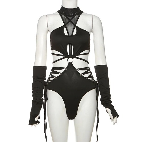 'Dark Twist' Mesh Hollow Cut Out Clubbing Cosplay Goth Bodysuit - black / M