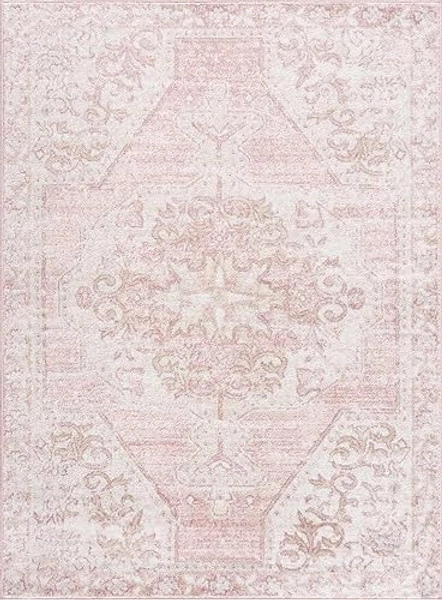 BoutiqueRugs Blush & Light Pink Collection Snead Bohemian Oriental Medallion Area Rug - Traditional Floral Carpet for Living Room, Bedroom - Blush, Pale Pink, Cream - 5'3" x 7' (5x7 Area Rug)