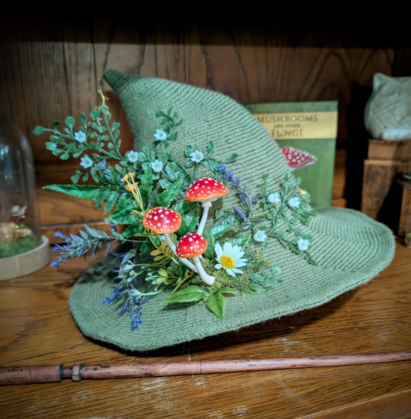 Sage Green Knit Witch Hat with Mushrooms | Cottagecore Woodland Witch Hat Flowers Vines & Leaves | Fairy Goblincore Accessory | Ren Fair