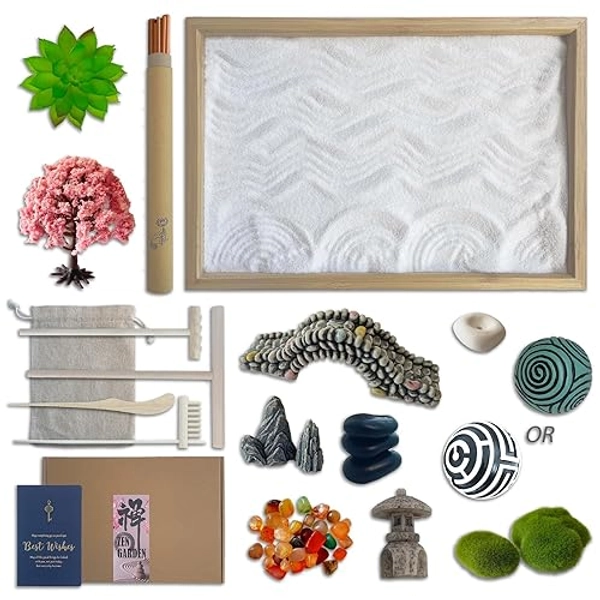 Threeheng Mini Japanese Zen Sand Garden Kit for Desk, Muti-Functional Sand Tray Therapy Kit with Bamboo Tray - Includes Sand Ball Insense Holder Crystals and More for Meditation, Gifts (Bamboo)