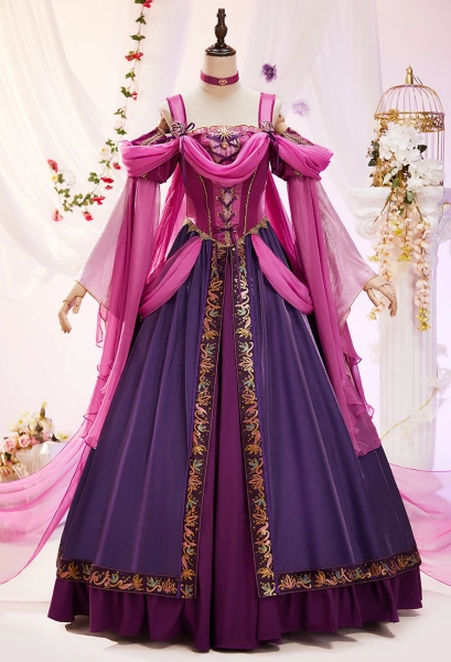 The Long Hair Princess Medieval Dress with Wreath Headdress and Fluttering Ribbons