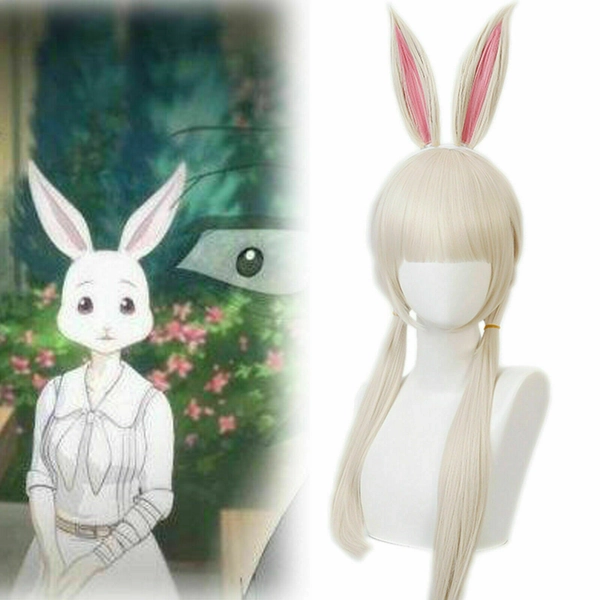 Beastars Haru Cosplay Wig Long Beige Mixed White Hair+Bunny Rabbit Ears