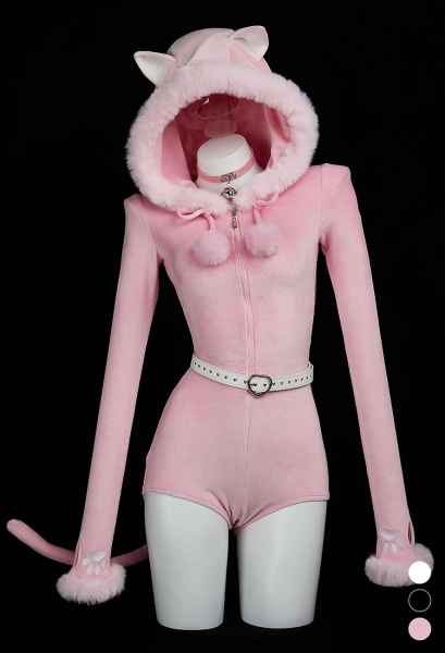 Kawaii Hooded Bodysuit Sexy Lingerie Plush Bodycon Romper with Tail Belt