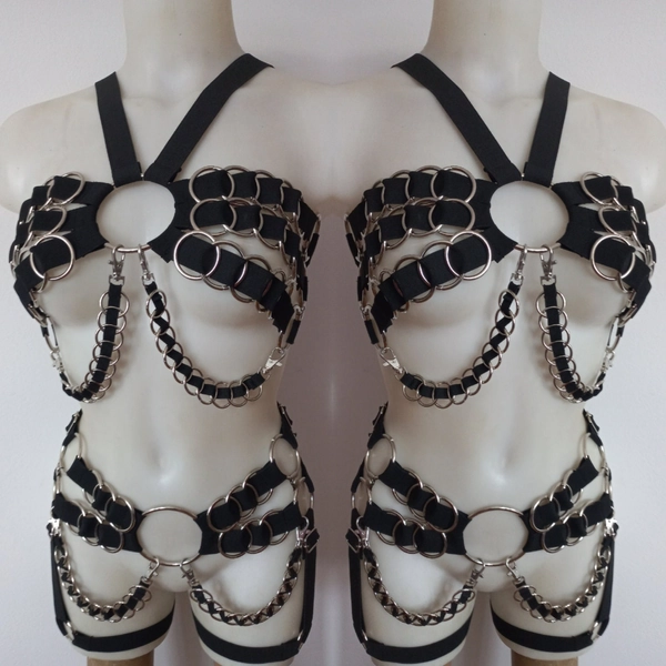 harness metal rings bra ringed bottoms elastic harness set chest and garter belt
