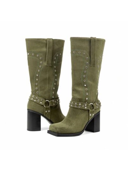 HoanTiai Women's Mid Calf Boots Motorcycle Biker Boots Studded Buckle Square Toe Pull On Block Heeled Booties Fashion Suede Riding Shoes For Women