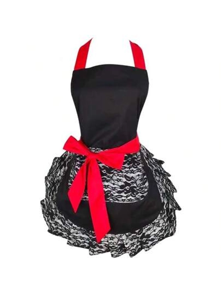 Black Lace Flirty Apron With Pocket Fun Retro Sexy Cing Pinup Aprons For Women Girls Apron For Women Mandiles Para Mujer Apron Delantal Kitchen Accessories