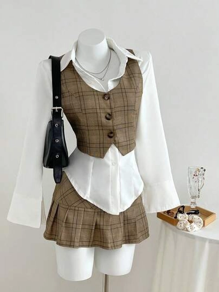 Elamini Back To School Plaid V-Neck Button Design Vest And Low Waist Pleated Skirt Set