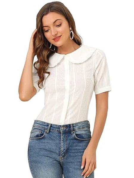 Allegra K Women's Peter Pan Collar Swiss Dots Short Sleeves Button Front Shirt Blouse