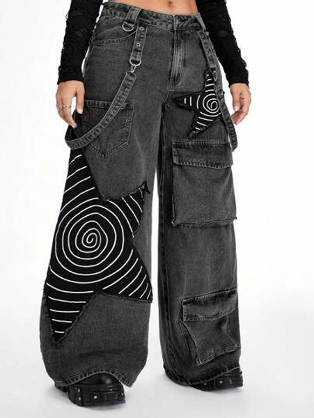 ROMWE Grunge Punk Plus Size Punk Distressed Washed Star Print Baggy Cargo Wide Leg Pants For Women