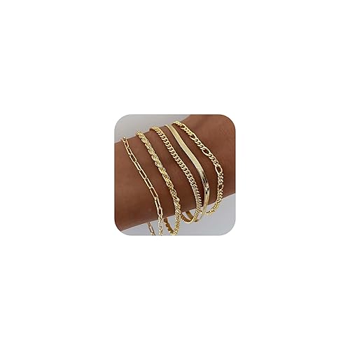 DEARMAY Gold Bracelets for Women Waterproof, 14K Real Gold Jewelry Sets for Women Trendy Thin Dainty Stackable Cuban Link Paperclip Chain Bracelet Pack Fashion Accessories Gifts for Womens - 5Pcs BRACELET A