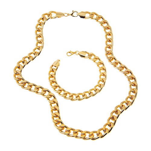 Wide Link Cuban Bracelet & Necklace Combo Set - Gold
