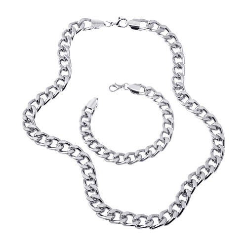 Wide Link Cuban Bracelet & Necklace Combo Set - Silver