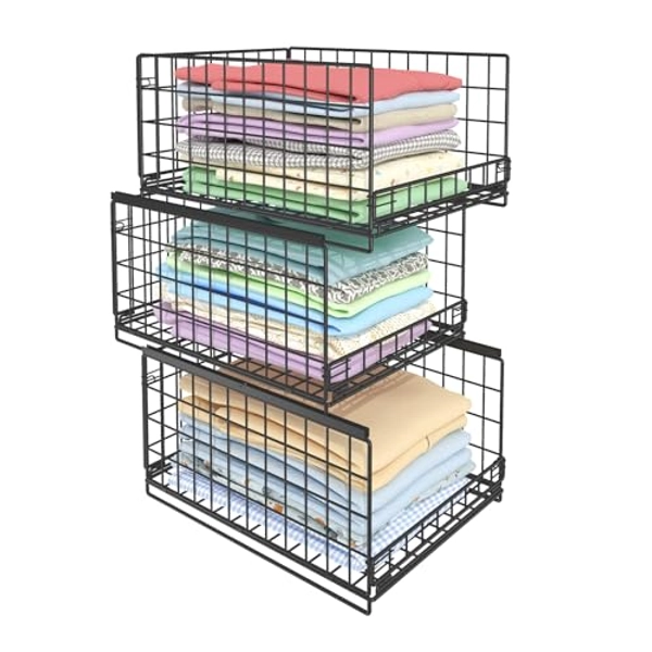 JKsmart 3-Tier Stackable Closet Organizers and Drawer Storage Shelves - Sliding Storage Bins for Jeans, Pants, and Sweaters - Wardrobe Cupboard Organizer for closet organization-Black