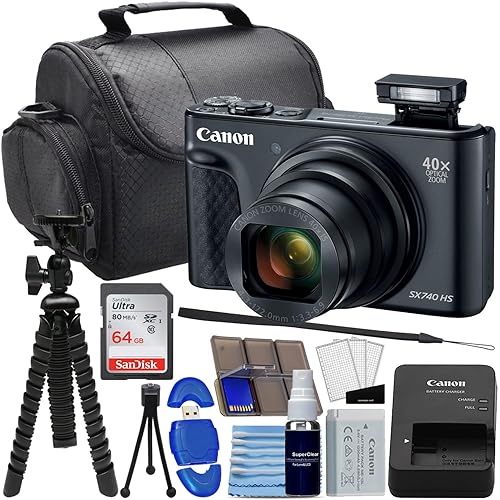 Canon PowerShot SX740 HS Digital Camera (Black) Bundle with SanDisk 64GB Memory Card, 12" Flex Tripod, High Speed Card Reader + Photo Kit (20 Items) (Renewed)