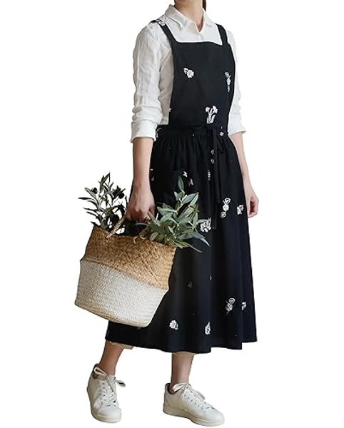 FADUOFA Japanese Cotton Linen Cross Back Apron for Women with Pockets,Fashion Pinafore Dress with Waist Ties…
