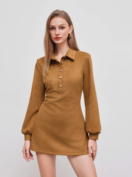 Suede Collar Solid Button Up Mini Dress With Belt