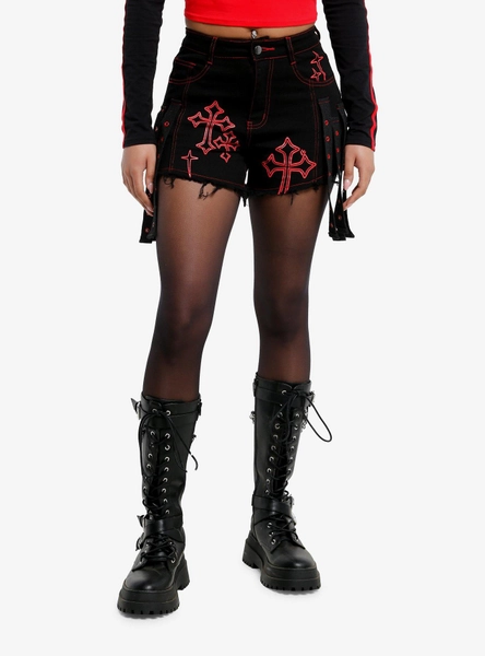 Black & Red Cross Girls Denim Shorts