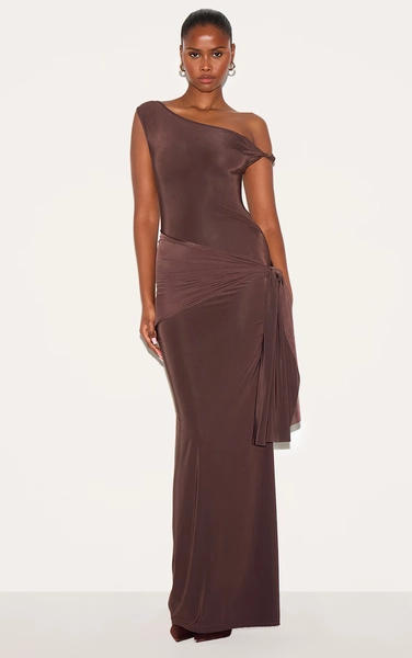 Chocolate Slinky Off Shoulder Wrap Detail Maxi Dress