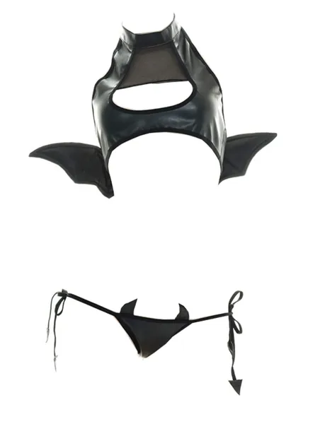 Yameidie Women Spatent Leather Wing Devil Lingerie Costume Outfit Lolita Anime Cosplay Sleepwear Black