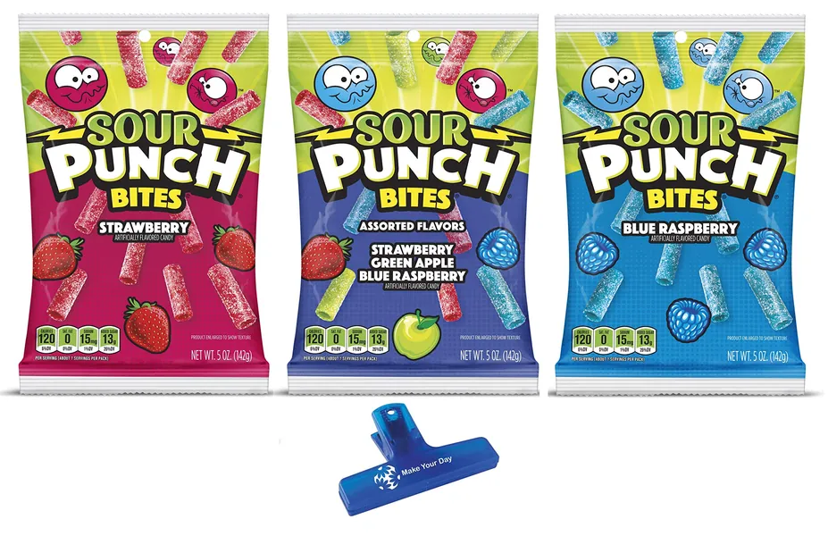 Sour Punch Bites, Strawberry, Assorted Flavors, and Blue Raspberry, 5 Ounce Bags (Pack of 3) - with Make Your Day Bag Clip