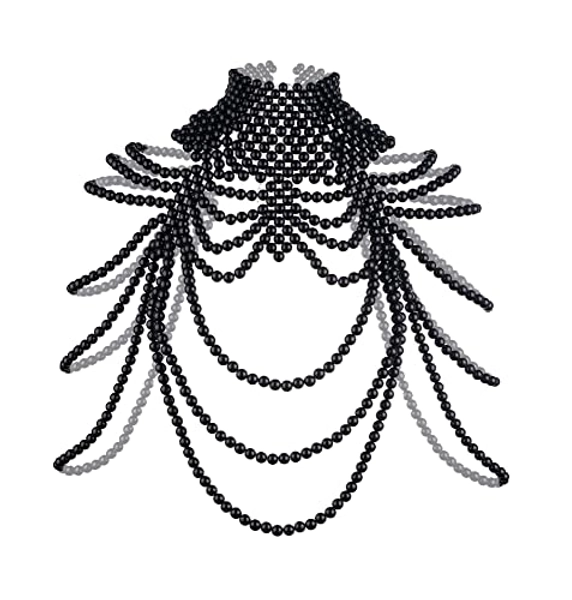 CCbodily Pearl Body Chain Bra - Fashion Shoulder Necklaces Bra Chain Body Jewelry (C-BLACK)