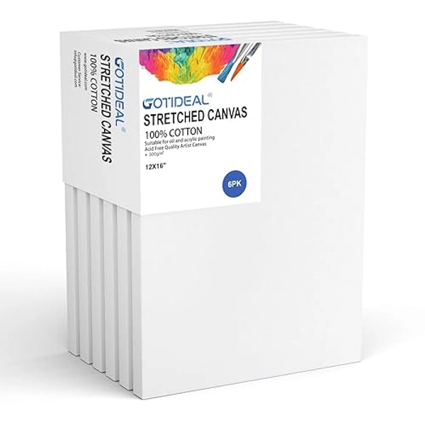 GOTIDEAL Stretched Canvas, 12x16 Inch Set of 6, Primed White - 100% Cotton Artist Canvas Boards for Painting, Acrylic Pouring, Oil Paint Dry & Wet Art Media