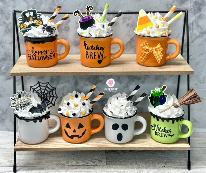 Halloween, Halloween decor, spooky, spiders, mini mugs, tiered tray decor, boo, ghost, candy corn, spooky season, witches brew