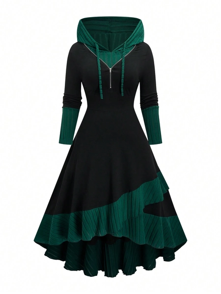 Plus Size Casual Knitted Long Sleeve Dress With Ruffle Hem And Color Block Design