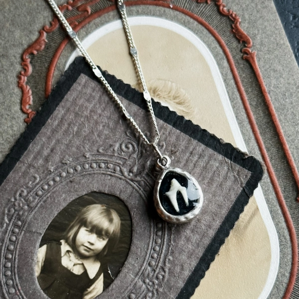 Dainty ferret tooth necklace - hand hammered silver, gothic jewellery, taxidermy bone teeth art, memento mori, curiosities oddities wiccan